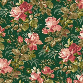 Tissu patchwork vert foncé grandes roses - Joy d'Edyta Sitar