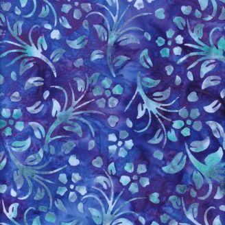 Tissu batik bleu violet gerbe de fleurs turquoise