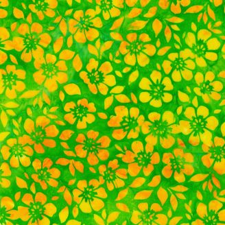 Tissu batik vert lime fleur jaune orange