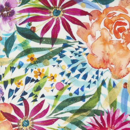 Tissu patchwork peinture grandes fleurs multicolores fond blanc - Coming Up Roses