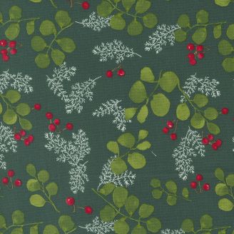 Tissu patchwork vert foncé branches de houx - Winterly de Robin Pickens