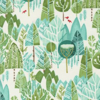 Tissu patchwork blanc arbres feuillus et persistants verts et turquoise - Winterly de Robin Pickens