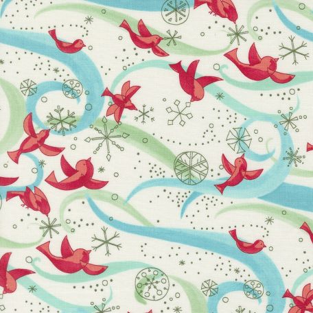 Tissu patchwork blanc oiseaux rouges et flocons - Winterly de Robin Pickens