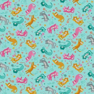 Tissu patchwork turquoise chats joueurs - Whiskers