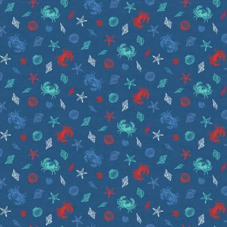 Tissu patchwork bleu crabes et coquillages - Nautical