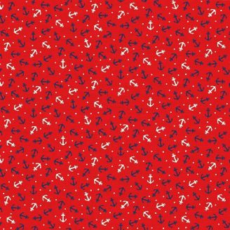 Tissu patchwork rouge petites ancres marines - Nautical