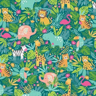 Tissu patchwork vert animaux dans la jungle - In the Jungle