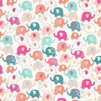 Tissu patchwork écru éléphants roses - In the Jungle