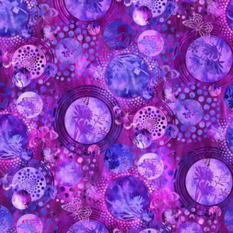 Tissu patchwork violet fleurs et papillon dans des bulles