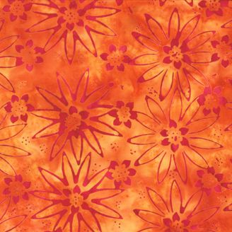 Tissu batik orange fleurs en étoile fuchsia