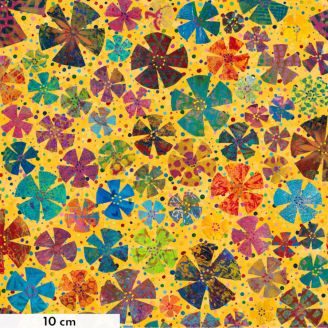 Tissu patchwork jaune fleurs moulins multicolores - Paper Trees de Sue Penn