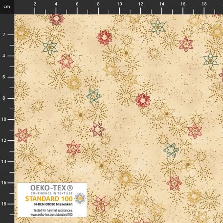 Tissu patchwork beige flocons-fleurs dorés rouge et vert - Frosty Snowflakes