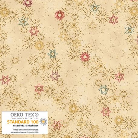 Tissu patchwork beige flocons-fleurs dorés rouge et vert - Frosty Snowflakes