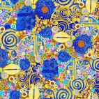 Tissu patchwork grand volutes et millefori bleu doré façon Klimt - Flora