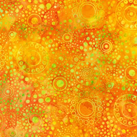 Tissu batik orange cercles fantaisie et pois verts